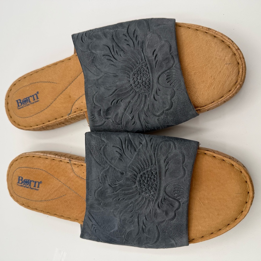 Born navy floral embossed leather slides 11 see description